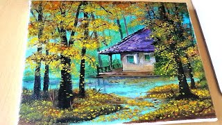 After rain  House in the wood  Acrylic Painting Landscape Scenery art how easy drawing asmr [upl. by Ramunni]