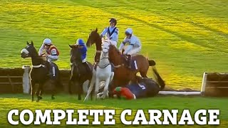 ‘complete carnage’ breaks out at Wetherby as FOUR horses unseat and the trainer abused in a race [upl. by Julio257]