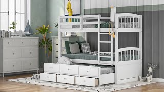 Twin over Twin Wood Bunk Bed with Trundle and Drawers [upl. by Gianna661]