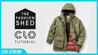 Live CLO3D Tutorial Designing a Classic Mens Down Parka Part 2 [upl. by Noivart]