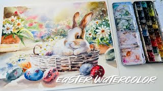 Celebrating Easter with Watercolor  Bunny Daisy and Easter Eggs [upl. by Aretina]