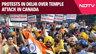 Canada Temple Incident  Protests In Delhi Over Temple Attack In Canada [upl. by Annadiana]