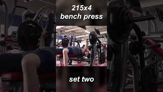 215lbs four reps Bench Press second set  Brey Fitness [upl. by Yenolem]