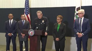 LAPD Chief Michel Moore Mayor Karen Bass DA George Gascón announce murders targeting homeless [upl. by Llemrej261]