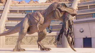 TYRANNOSAURUS REX vs LARGE amp MEDIUM CARNIVORE DINOSAURS BATTLE ROYALE IN BATTLE ARENA  JWE2 [upl. by Schroth]