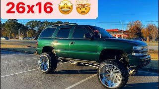 26x16 on Leveled Tahoe 2001 Chevy Tahoe z71  Lifted trucks  Squatted trucks  9 inch lift [upl. by Irem20]