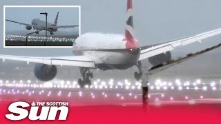 STORM EUNICE Galeforce winds make for nervous plane landings at London Heathrow airport [upl. by Sadonia421]