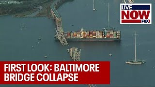 Baltimore Bridge Collapse Aerial video shows bridge submerged in water  LiveNOW from FOX [upl. by Rabassa]