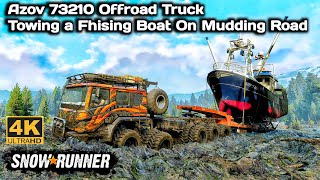 Azov 73210 Offroad Truck Towing a Fhising Boat On Mudding Road In SnowRunner Season 14 truck 4k [upl. by Alfeus]