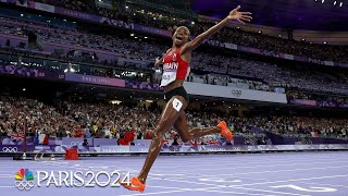 Winfred Yavi JUMPS FOR JOY after winning womens 3000m steeplechase gold  Paris Olympics [upl. by Assenaj]