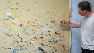 Using lines and marks to make HUGE abstract painting [upl. by Kenley]