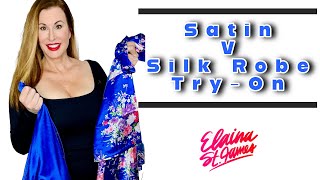 Blue Satin V Silk Robe TryOn Haul fabulousover50 elaina tryonhaul [upl. by Kravits]