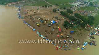 Triveni Sangam at Allahabad where Ganga Yamuna and mythical Saraswati meet aerial view [upl. by Rocher]