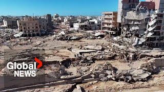 Libya floods Drone video shows Derna in ruins after deadly dam collapse [upl. by Iyre]