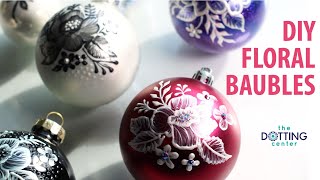 DIY Painted Christmas Baubles  Lacy Floral Designs using brush embroidery techniques [upl. by Yrallih]