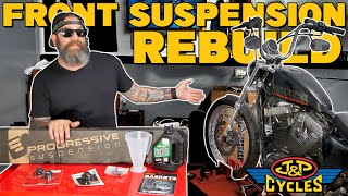 Progressive Suspension Install Sportster RE Rebuild [upl. by Nosecyrb824]