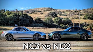 2013 Mazda Miata NC3 vs 2019 Mazda Miata ND2  Head to Head Review [upl. by Grimbal]