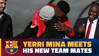 Yerry Mina greets his fellow Barça players for the first time [upl. by Evin]