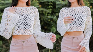 Crochet Floral Lace Sweater Tutorial  Crochet Floral Lace Blouse  Chenda DIY [upl. by Nanni464]