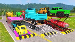 Flatbed Trailer Cars Transportation with Truck  Speedbumps vs Cars vs Train  BeamNGDrive 006 [upl. by Dwane]