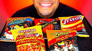 ASMR Flamin Hot Assorted Chips Puffs Doritos Fritos Fries Crunchy Mukbang with EXTREME Crunch [upl. by Ahsinrev]