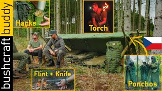 Old Army Gear Overnight  CZ Poncho Shelter  Torch from Spruce Resin  Flint and Knife Fire [upl. by Reames736]