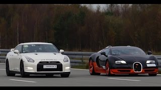 4k RACE Nissan GTR Alpha 12 vs Bugatti Veyron Vitesse 1200 HP Highspeed Oval SHORT VERSION 7 min [upl. by Ecinej80]