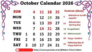 October Calendar 2026 october2026calendar calendaroctober [upl. by Saxon]