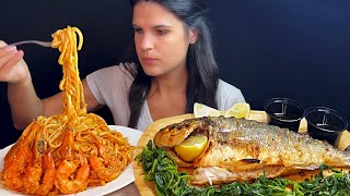 GREEK SHRIMP PASTA amp GRILLED FISH  MUKBANG  ASMR  EATING SOUNDS [upl. by Noryd]