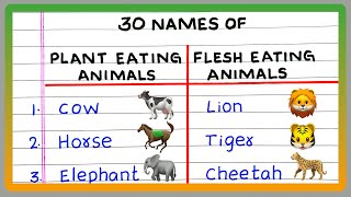 PLANT EATING AND FLESH EATING ANIMALS  10  20  30 NAMES OF PLANT EATING AND FLESH EATING ANIMALS [upl. by Sivle756]