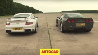 Porsche 911 GT2 v Corvette ZR1  drag race by autocarcouk [upl. by Hopfinger651]