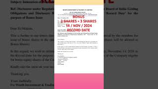 💥 2 shares  5 shares 💥 worth investment and trading co Ltd share bonus update stockmarket bse [upl. by Callean624]