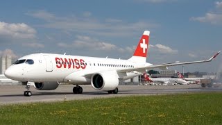 SPECTACULAR ARRIVAL of SWISS 1st Airbus A220100 ex Bombardier CSeries CS100 at Zurich [upl. by Ocicnarf]