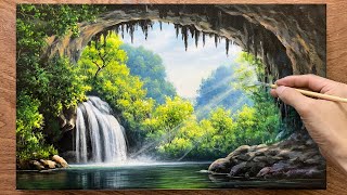 How to paint landscapes  Acrylic paint  Cave entrance landscape  Art painting [upl. by Roee]