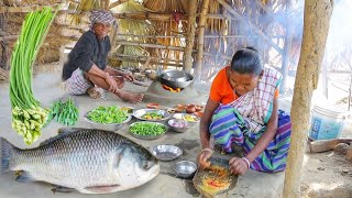 santali tribe grandma cooking traditional KATLA FISH curry and Shak vaji recipe [upl. by Nhoj]