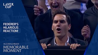 Roger Federer Reacts to Ruuds Winner amp Shelton Falling Over  Laver Cup 2024 [upl. by Aisayt]