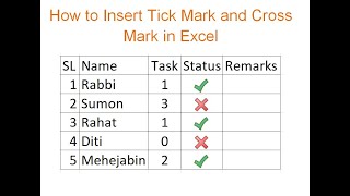 How to Insert Tick Mark and Cross Mark in Excel [upl. by Enirak]