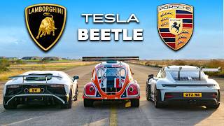 911 GT3 RS v Lambo V12 vs Tesla Beetle DRAG RACE [upl. by Indys91]