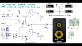 Schéma dun amplificateur LM1875T de 80 Watts en mode Bridgé ou BTL [upl. by Euqinommod599]