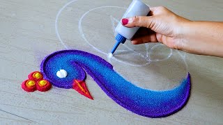 Easy Peacock Rangoli Design For Diwali  Deepavali Rangoli Designs  Peacock Kolam Design  Muggulu [upl. by Leina745]