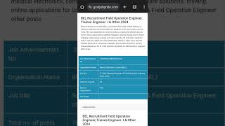 BEL Recruitment Field Operation Engineer amp other posts recruitment 2024 BEL Field govt Engineer [upl. by Essile578]