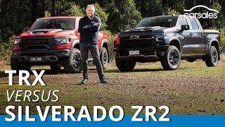 2023 Chevrolet Silverado ZR2 v RAM TRX Comparison  AllAmerican offroad pickup faceoff [upl. by Earesed]