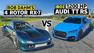 Rob Dahm vs Hank Iroz 1200hp Audi TT RS drag races 4 Rotor RX7 [upl. by Ahsino]