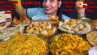 Eating Spiciest🔥 Macaroni Momo Golgappe Malai Chaap Veg Roll Noodles Aloo Paratha Burger [upl. by Meuse472]