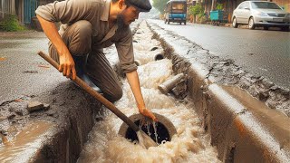 Unclog Drain Water On Road Street And Canal clogged satisfying unclog flood clogging remove [upl. by Jojo]