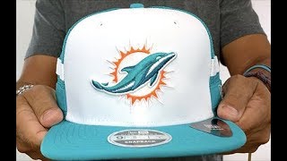 Miami Dolphins SIDESTRIPED TRUCKER SNAPBACK Hat by New Era [upl. by Ahsinek]