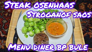 STEAK OSENHAAS MET SAOS STROGANOF SPRUITJES EN ERWTEN MENU DINER BP BULE LONDO [upl. by Noroj]