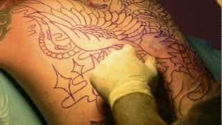 Maik´s Back Piece  Tattoo Session 1 Outlining [upl. by Htomit]