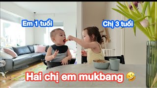 Cười đau hết cả bụng khi chị Angelina ba tuổi ngồi đút em trai William tuổi rưỡi ăn mì ý [upl. by Dreeda]