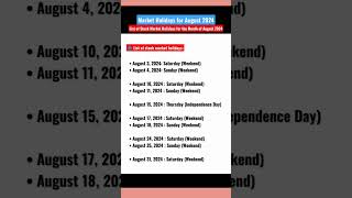 Stock Market Holidays for August 2024  stockmarketholidays stockmarket holidayslist [upl. by Anauqat]